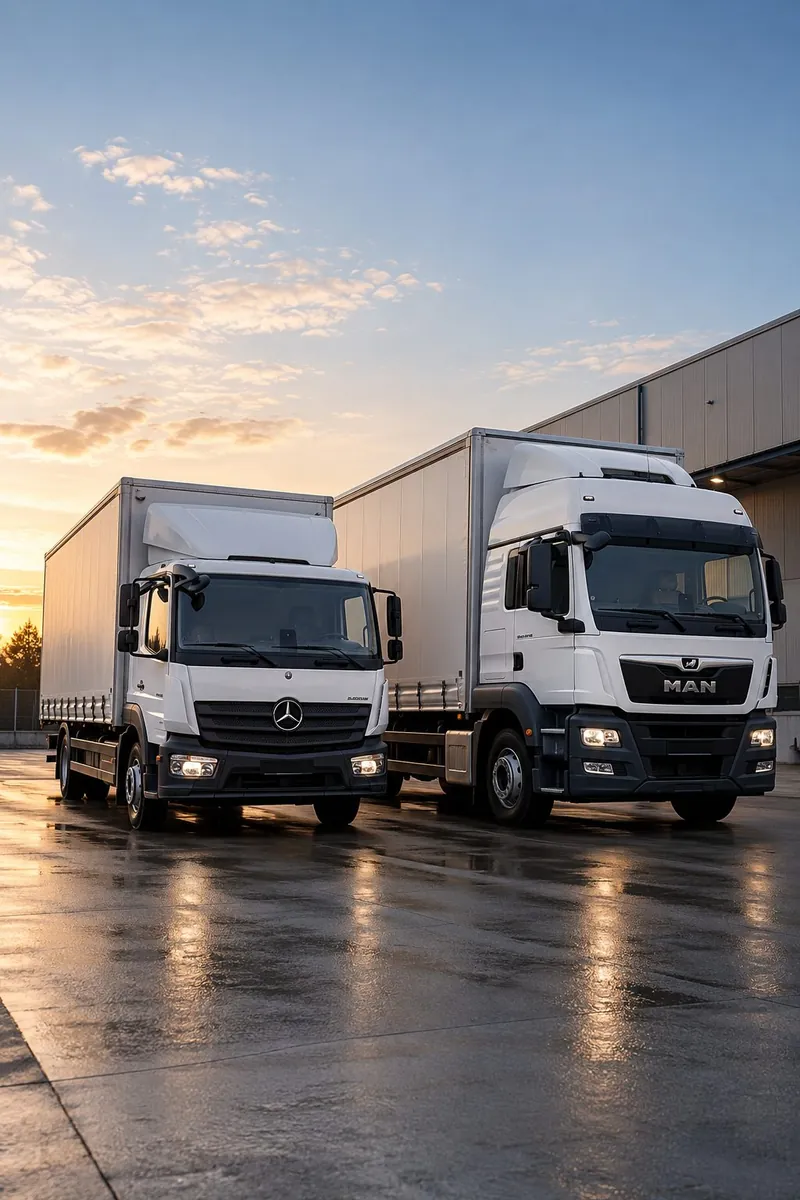 Zwei weiße LKW mit Kofferaufbau auf einem Betriebshof im Abendlicht
