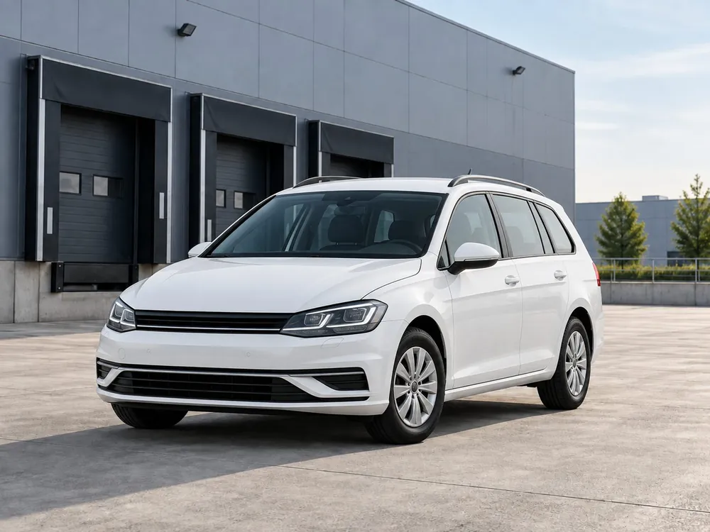 Weißer Kombi-PKW vor den Laderampen eines Logistikzentrums